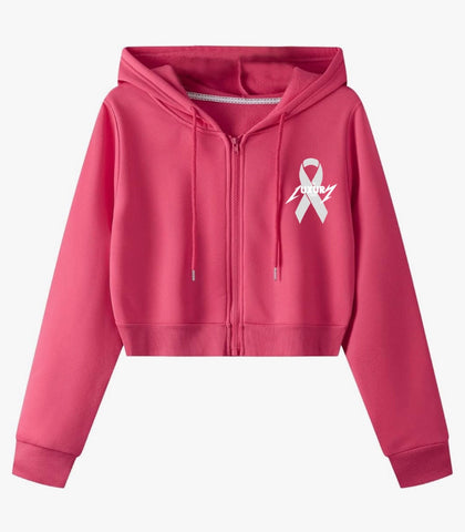 Female Crop Breast Cancer Zip Hoodie